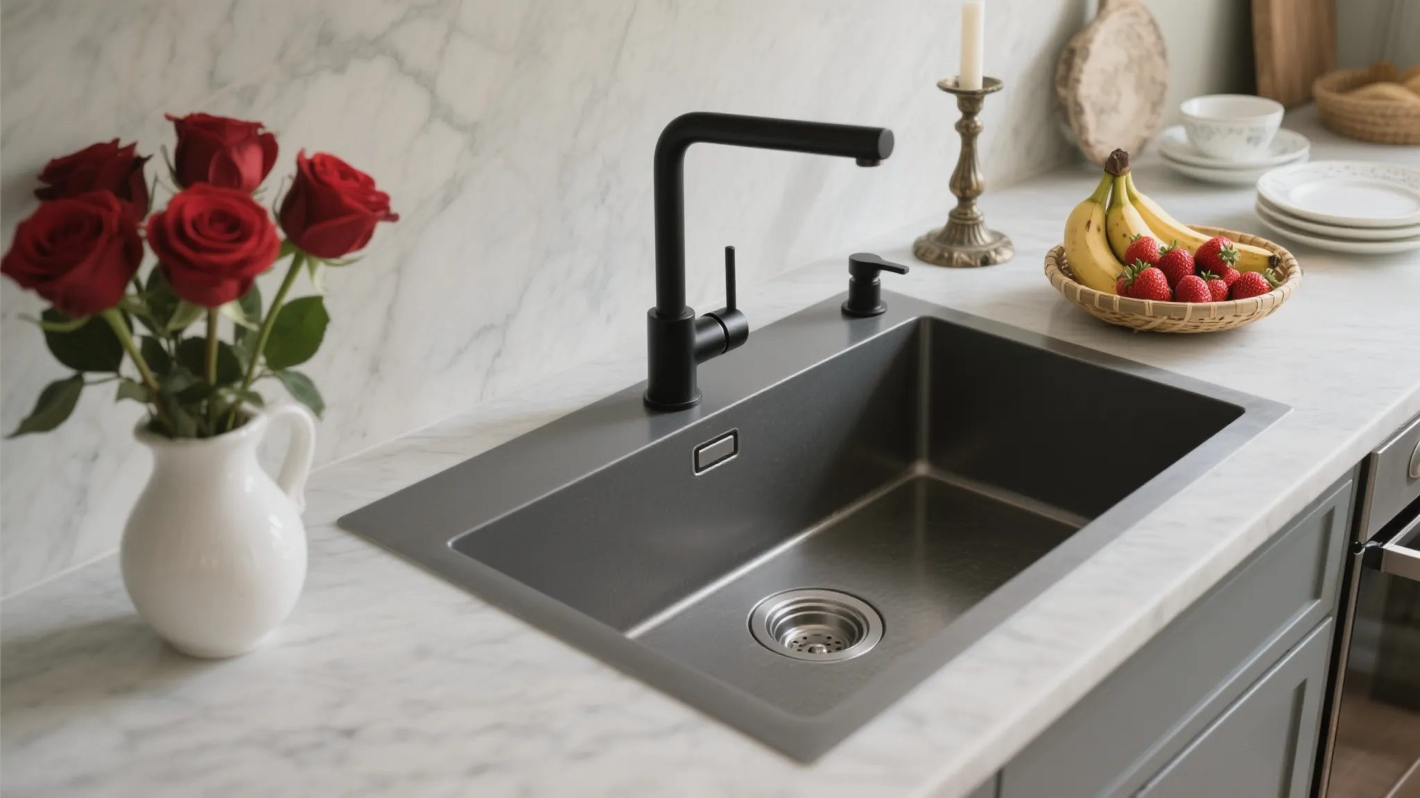 Modern kitchen with rectangular stainless steel sink embedded in white countertop with wooden cabinets below, silver faucet, and kitchen items including plates and bottles